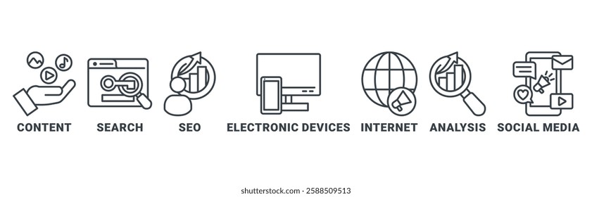 Digital Markating icon set vector illustration concept with icon of content, search, seo, electronic devices, internet, analysis,social media