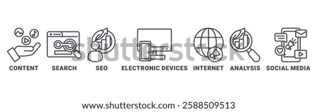 Digital Markating icon set vector illustration concept with icon of content, search, seo, electronic devices, internet, analysis,social media