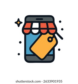 Conceito do mercado digital que representa um smartphone com toldo e etiqueta de preço, ideal para ilustrar o varejo on-line, comércio eletrônico e tecnologia.