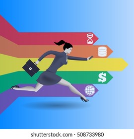 Digital market race business concept. Confident business woman in business suit with case in one hand and smart phone in other runs fast along arrows on blue background.