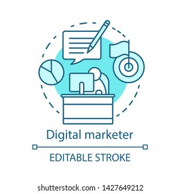 Digital marketer blue concept icon. Digital marketing specialty idea thin line illustration. Target advertising specialist, copywriter. Market analyst. Vector isolated outline drawing. Editable stroke