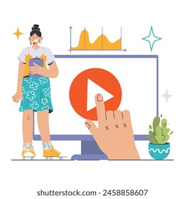 Digital marketer observes analytics chart, urging viewers with a compelling video play button. Engagement strategies to elevate conversion rates. Interactive online content. Flat vector illustration