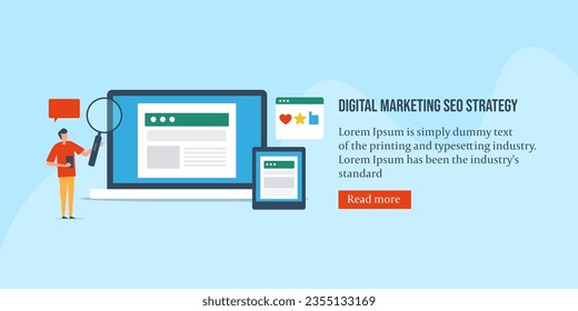 Digital Marketer utiliza estrategias de marketing digital para la promoción de sitios web que incluyen SEO, medios sociales, marketing de contenido y correo electrónico - fondo de ilustración vectorial con iconos