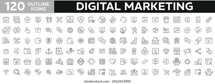 Digital marketing 120 thin line icon set. Website, search, mail, analysis, content, strategy, development, e-commerce, seo, content, product, target audience, social media, and more