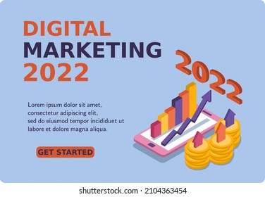 Digital Marketing 2022 banner and website. Successful hitting the target. Mockup mobile phone and coin growth. Business analysis and strategy. 3d isometric vector illustration. Popular flat colors.