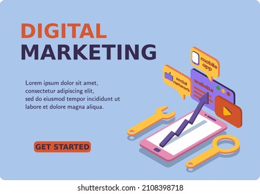 Digital Marketing 2022 banner and website. Social network, mobile app and website. Mockup mobile phone and notice. Business analysis, strategy. 3d isometric vector illustration. Popular flat colors.