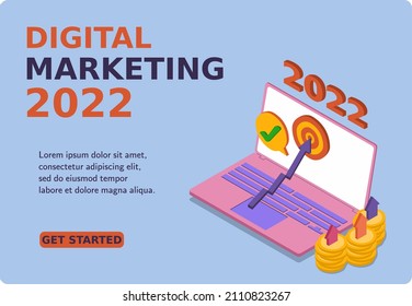 Digital Marketing 2022 banner and website. Mockup laptop and successful hitting the target. Growth incomes. Business analysis and strategy. 3d isometric vector illustration. Popular flat colors.