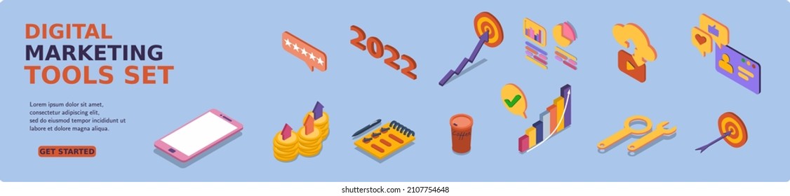 Digital Marketing 2022 tools set. Mockup mobile phone and instruments marketing. Business analysis and strategy. 3d isometric vector illustration. Popular flat colors.