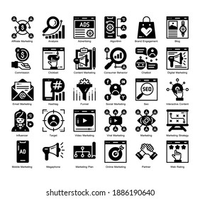 Marketing digital 30 Juego de iconos de glifo sólido. Diseño de iconos para UX, UI, web, aplicación, folleto, volante, diseño de presentaciones, etc. vectores e ilustración.