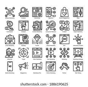 Conjunto de iconos de esquema de marketing digital 30. Diseño de iconos para UX, UI, web, aplicación, folleto, volante, diseño de presentaciones, etc. vectores e ilustración.