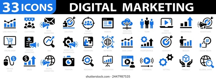 Digital marketing 33 icon set. Social, networks, feedback, communication, marketing, ecommerce. Vector illustration.