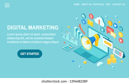 Digital marketing. 3d isometric computer, laptop, pc with money, graph, folder, megaphone, loudspeaker, bullhorn. Business development strategy advertising. Social media analysis Vector design