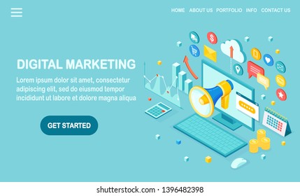Digital marketing. 3d isometric computer, laptop, pc with money, graph, folder, megaphone, loudspeaker, bullhorn. Business development strategy advertising. Social media analysis Vector design