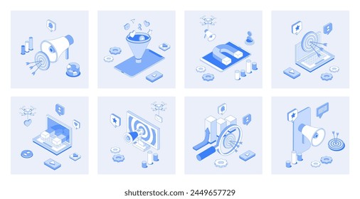 Digital marketing 3d isometric concept set with isometric icons design for web. Collection of online promotion megaphone, sales funnel, viral advertising content, blog analytics. Vector illustration