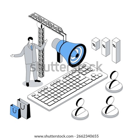 Digital marketing 3d isometric concept with isometric people design for web. Man with megaphone making advertising campaign, announcing brand information and messages to clients. Vector illustration