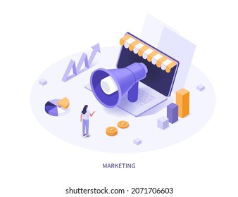 Digital marketing 3d isometric illustration. Character standing near laptop with Loudspeaker on it. Public relation, digital marketing and media concept. Vector illustration.