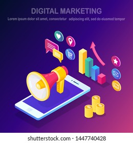 Digital marketing. 3d isometric mobile phone, smartphone with money, graph, folder, megaphone, loudspeaker, bullhorn. Business development strategy advertising. Social media analysis Vector design