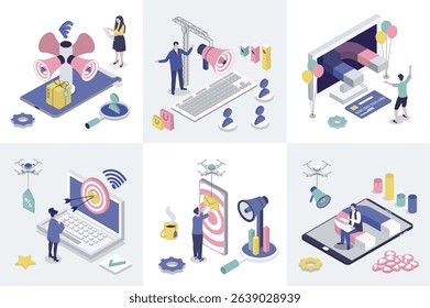 Digital marketing 3d isometry concept for web design. Collection set with isometric people making online promotion, advertising targeting, business communication with clients. Vector illustration.