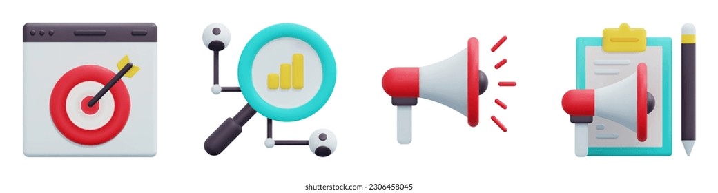 Digital Marketing 3d vector icon set. Online marketing, consumer behavior, megaphone, content marketing. Isolated on white background. 3d icon vector render illustration.