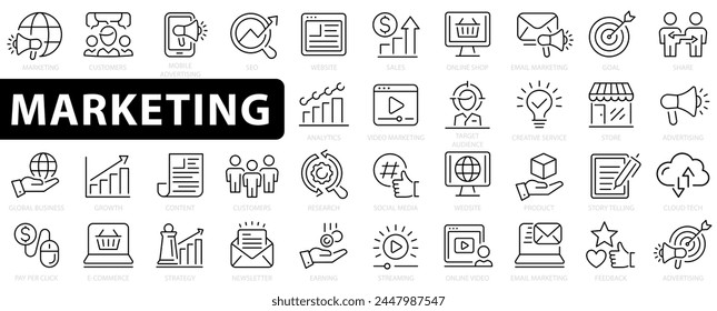 Digital marketing 40 icon set. Search Engine Optimization. Content, website, social media, sales and online advertising and more. Vector illustration