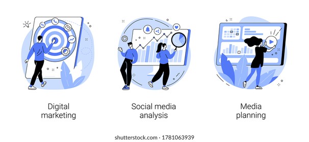 Digital marketing abstract concept vector illustration set. Social media analysis, media planning, online PPC campaign, digital agency, corporate website, engagement and ROI abstract metaphor.