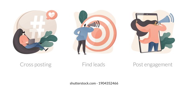 Digital marketing abstract concept vector illustration set. Cross-posting, find leads, post engagement, social media link sharing, follower interaction, new customer, smm abstract metaphor.