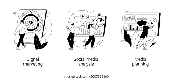 Digital marketing abstract concept vector illustration set. Social media analysis, media planning, online PPC campaign, digital agency, corporate website, engagement and ROI abstract metaphor.