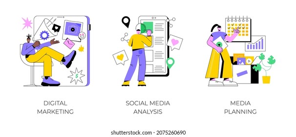 Digital marketing abstract concept vector illustration set. Social media analysis, media planning, online PPC campaign, digital agency, corporate website, engagement and ROI abstract metaphor.