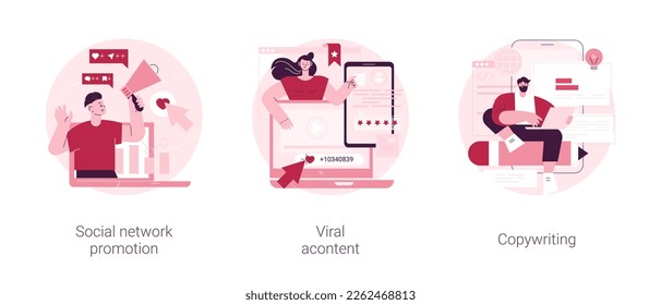 Conjunto de ilustraciones vectoriales de concepto abstracto de marketing digital. Promoción de redes sociales, contenido viral, copywriter, comentar y compartir, alta participación de los seguidores, metáfora abstracta de memes de internet.