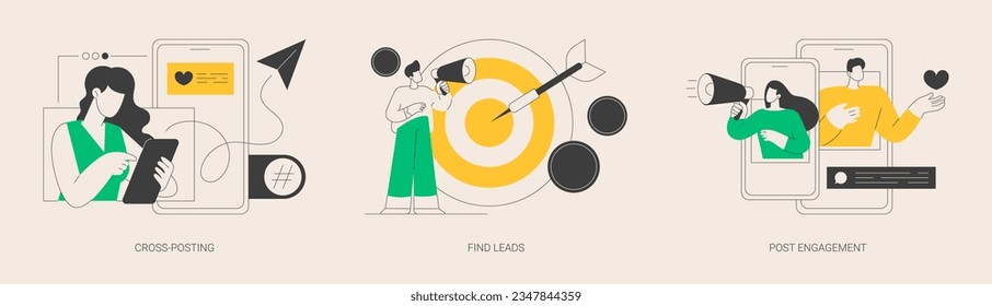 Conjunto de ilustraciones vectoriales de concepto abstracto de marketing digital. Publicación cruzada, búsqueda de pistas, post-compromiso, intercambio de enlaces de medios sociales, interacción de seguidores, nuevo cliente, metáfora abstracta smm.