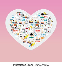 Digital marketing abstract pattern. Social media icons, rocket ship, bird, mail, smart phone. Vector illustration