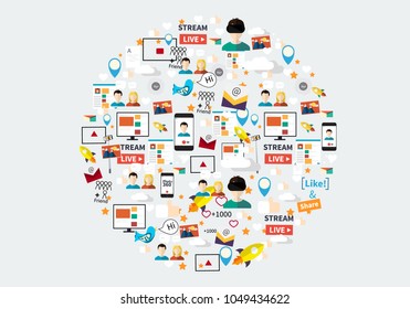 Digital Marketing Abstract Pattern. Social Media Icons, Rocket Ship, Bird, Mail, Smart Phone. Vector Illustration