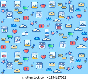 Digital marketing abstract pattern. Social media icons vector. Vector icons: cloud, music, mail, smart phone, like icon, gallery. Vector illustration