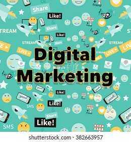 Digital marketing abstract pattern. Social media icons, smile, rocket ship, bird, mail, smart phone. Vector illustration