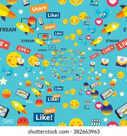 Digital marketing abstract pattern. Social media icons, smile, rocket ship, bird, mail, smart phone. Vector illustration