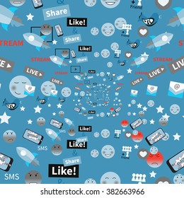 Digital marketing abstract pattern. Social media icons, smile, rocket ship, bird, mail, smart phone. Vector illustration