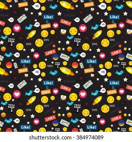Digital marketing abstract pattern. Social media icons, smile, rocket ship, bird, mail, smart phone. Vector illustration
