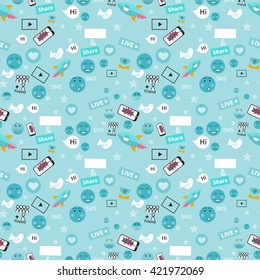 Digital marketing abstract pattern. Social media icons, smile, rocket ship, bird, mail, smart phone. Vector illustration