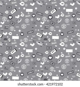 Digital marketing abstract pattern. Social media icons, smile, rocket ship, bird, mail, smart phone. Vector illustration