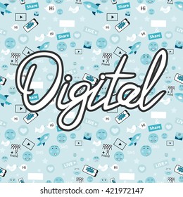 Digital marketing abstract pattern. Social media icons, smile, rocket ship, bird, mail, smart phone. Vector illustration