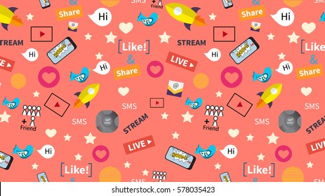 Digital marketing abstract pattern. Social media icons, rocket ship, bird, mail, smart phone. Vector illustration