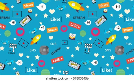 Digital Marketing Abstract Pattern. Social Media Icons, Rocket Ship, Bird, Mail, Smart Phone. Vector Illustration