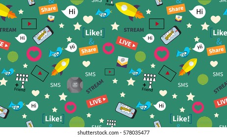 Digital marketing abstract pattern. Social media icons, rocket ship, bird, mail, smart phone. Vector illustration