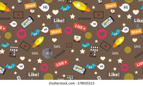 Digital marketing abstract pattern. Social media icons, rocket ship, bird, mail, smart phone. Vector illustration