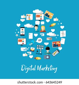 Digital marketing abstract pattern. Social media icons, rocket ship, bird, mail, smart phone. Vector illustration