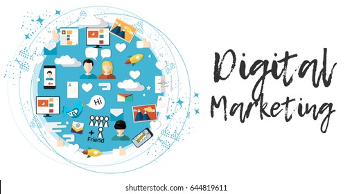 Digital Marketing Abstract Pattern. Social Media Icons, Rocket Ship, Bird, Mail, Smart Phone. Vector Illustration