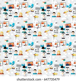 Digital marketing abstract pattern. Social media icons, rocket ship, bird, mail, smart phone. Vector illustration