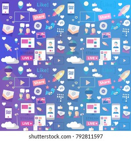 Digital marketing abstract pattern. Social media icons, rocket ship, bird, mail, smart phone. Vector illustration