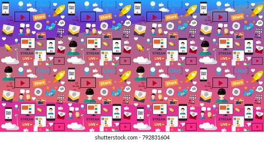 Digital Marketing Abstract Pattern. Social Media Icons, Rocket Ship, Bird, Mail, Smart Phone. Vector Illustration