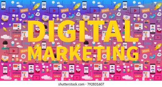 Digital marketing abstract pattern. Social media icons, rocket ship, bird, mail, smart phone. Vector illustration